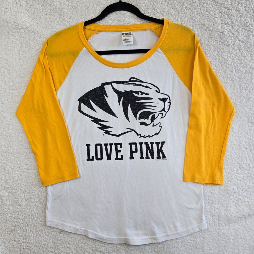 PINK Victoria's Secret Raglan Tee Women M White Yellow Collegiate Mizzou Tigers